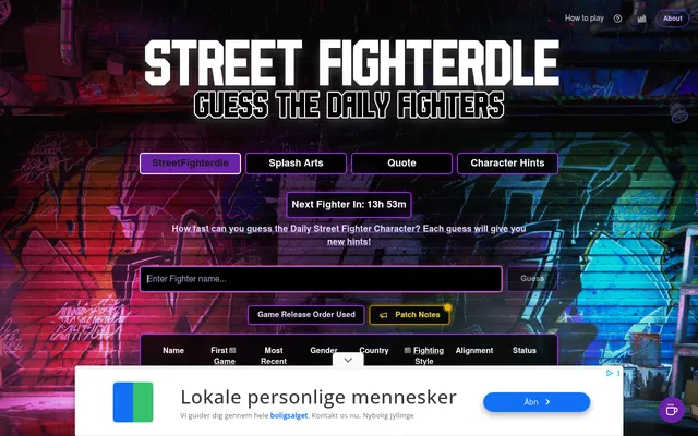 StreetFighterdle's home screen: the logo over a graffiti wall, buttons for the StreetFighterdle, Splash Arts, Quote and Character Hints modes, a Next Fighter In countdown, the fighter name box and the