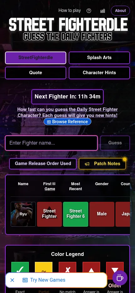 StreetFighterdle on a phone: the four mode buttons, the countdown, the name box and a guessed Ryu row that scrolls sideways through its clue tiles