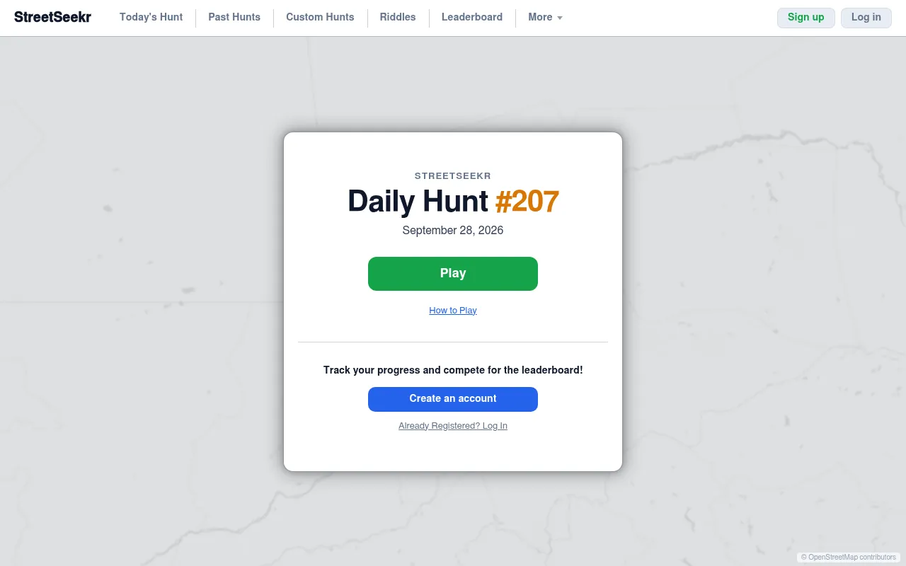 The StreetSeekr start card for Daily Hunt #207, dated September 28, 2026, with a Play button over a faint map