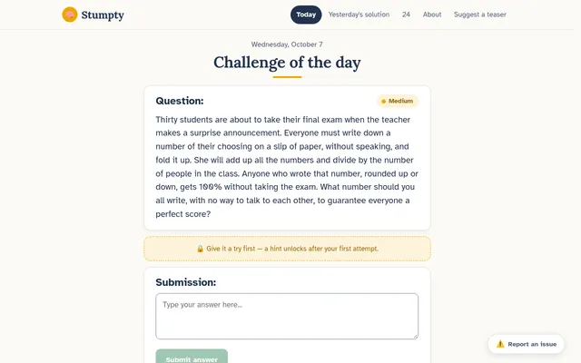 Stumpty's Challenge of the day for Wednesday, October 7: a Medium teaser about thirty students writing numbers, with the answer box below
