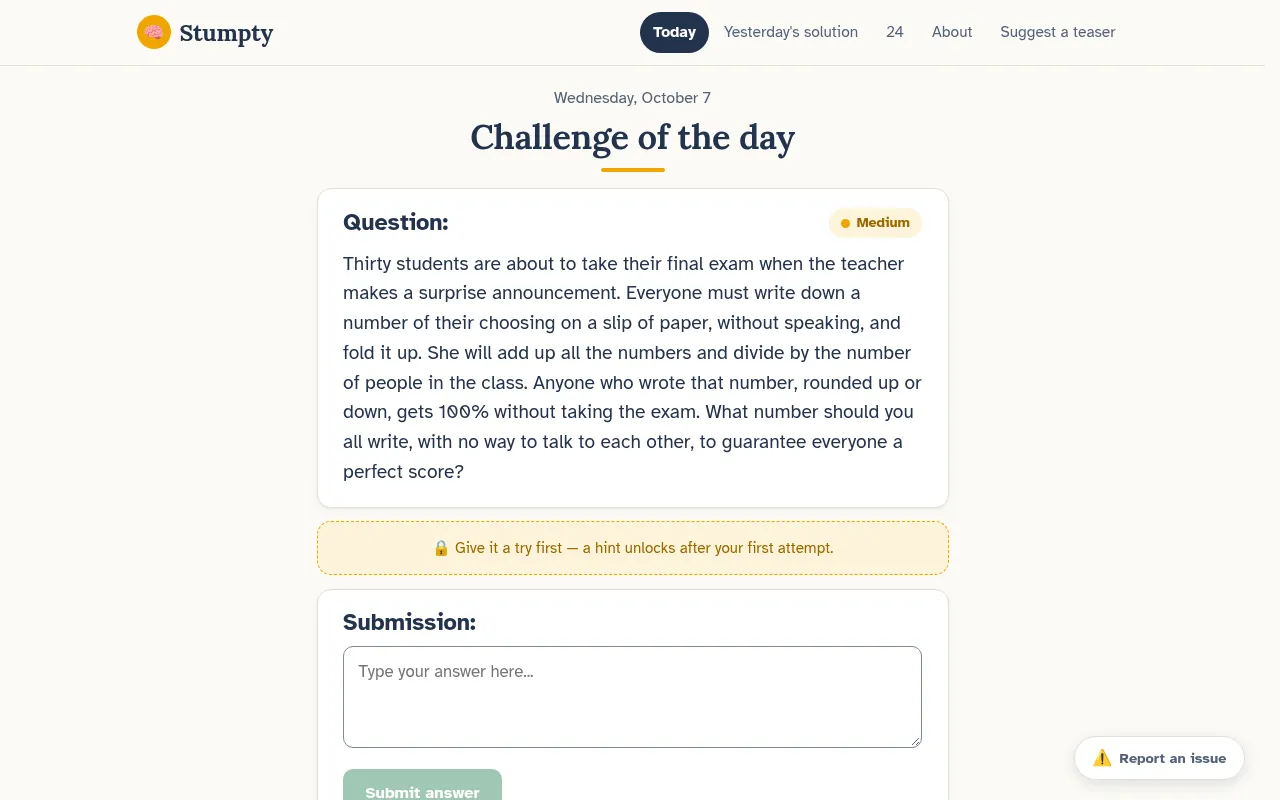 Stumpty's Challenge of the day for Wednesday, October 7: a Medium teaser about thirty students writing numbers, with the answer box below