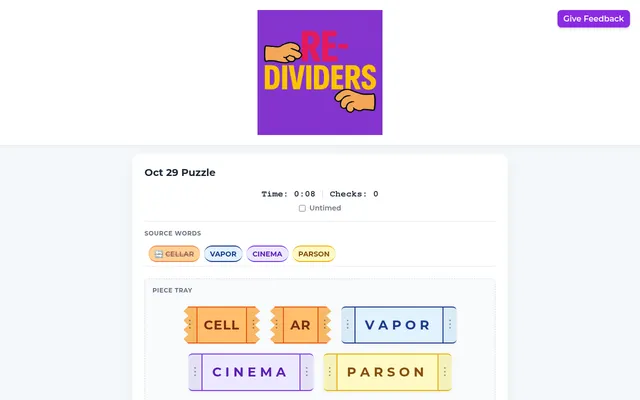 Substringers Oct 29 puzzle on desktop: source words CELLAR, VAPOR, CINEMA and PARSON, with CELLAR already snipped into CELL and AR in the piece tray