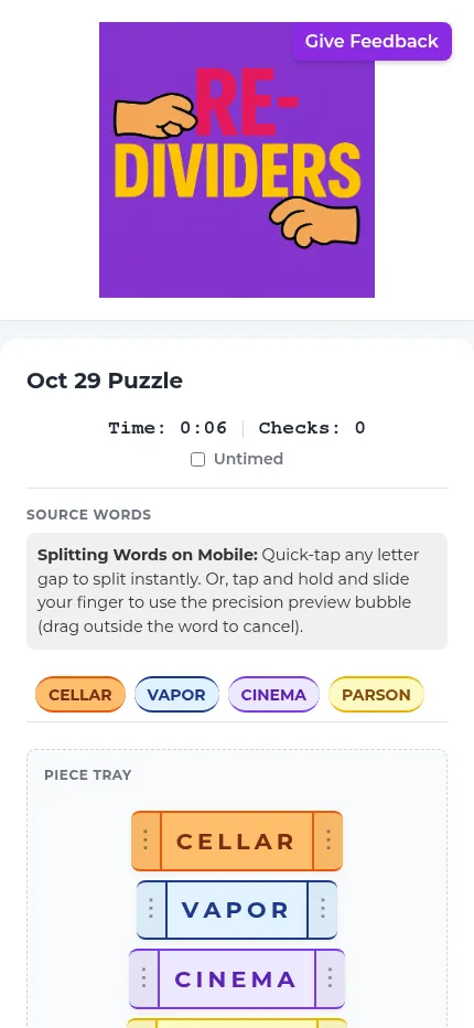 Substringers Oct 29 puzzle at phone size, with the tip on tapping a letter gap to split a word above the piece tray