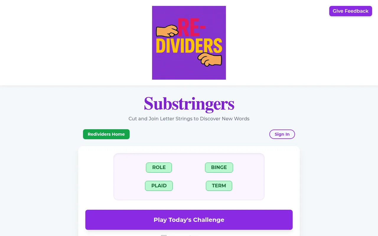 The Substringers start screen with the title, example source words ROLE, BINGE, PLAID and TERM, and the Play Today's Challenge button