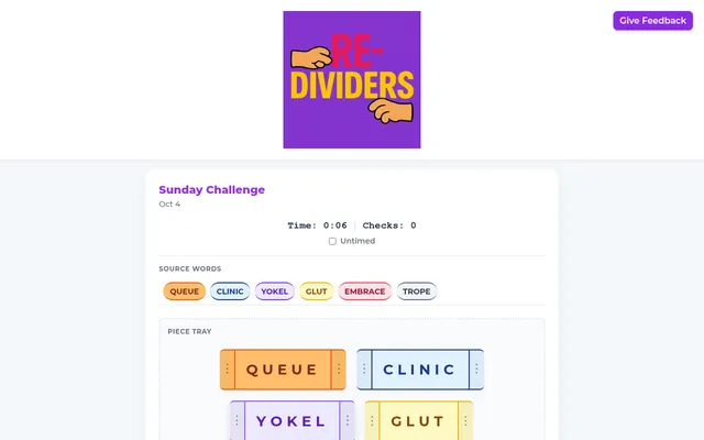 Substringers Sunday Challenge for Oct 4 with six source words, QUEUE, CLINIC, YOKEL, GLUT, EMBRACE and TROPE, as tiles in the piece tray, a timer and a checks counter