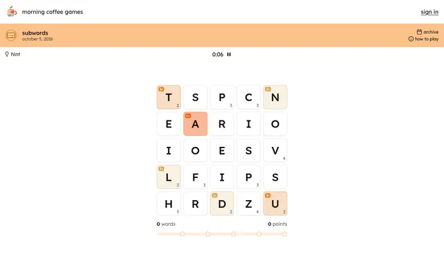 The subwords board for 5 October 2026: a 5x5 grid of letter tiles with point values and 2x, 3x and 5x multiplier tiles, above the word count, score and five star bar
