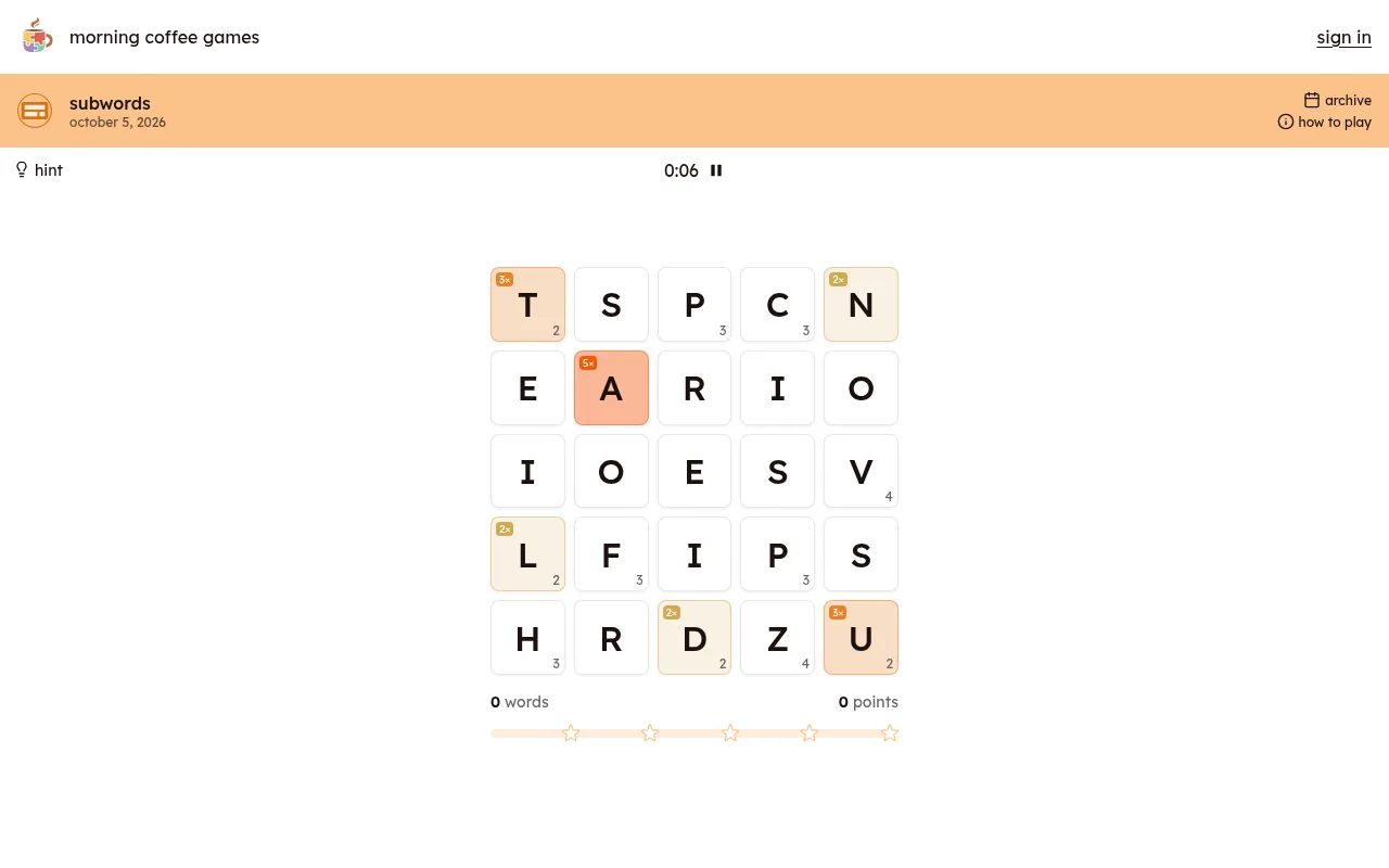 The subwords board for 5 October 2026: a 5x5 grid of letter tiles with point values and 2x, 3x and 5x multiplier tiles, above the word count, score and five star bar