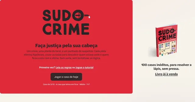 SudoCrime start screen: the red title card with the button to play today's case, and the SudoCrime puzzle book showing a floor-plan board