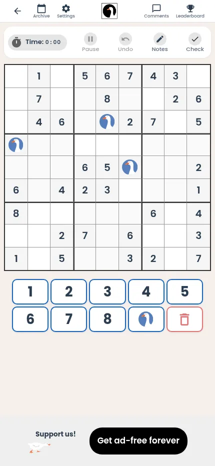 Sudo Goose on a phone: today's nine by nine grid with goose symbols in place of 9, a keypad of 1 to 8 plus a goose, and timer, undo, notes and check buttons