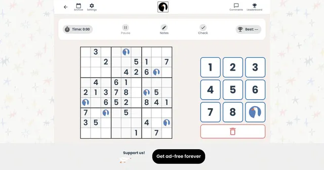 Sudo Goose daily grid: a 9x9 sudoku with digits and goose symbols, a keypad of 1 to 8 plus a goose, timer and notes