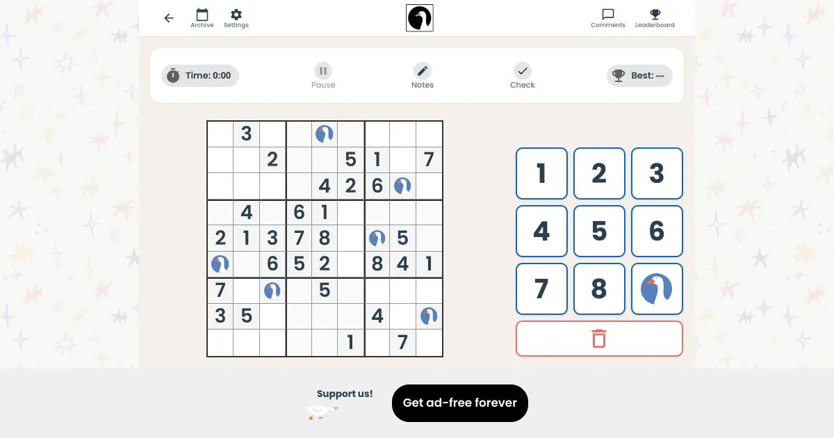 Sudo Goose daily grid: a 9x9 sudoku with digits and goose symbols, a keypad of 1 to 8 plus a goose, timer and notes