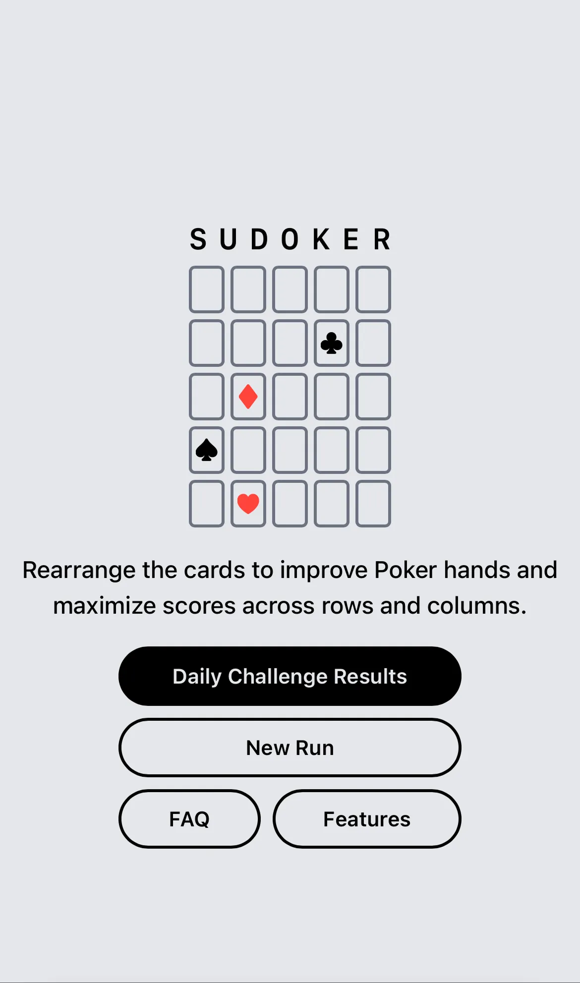 The Sudoker home screen with buttons for Daily Challenge Results, New Run, FAQ and Features