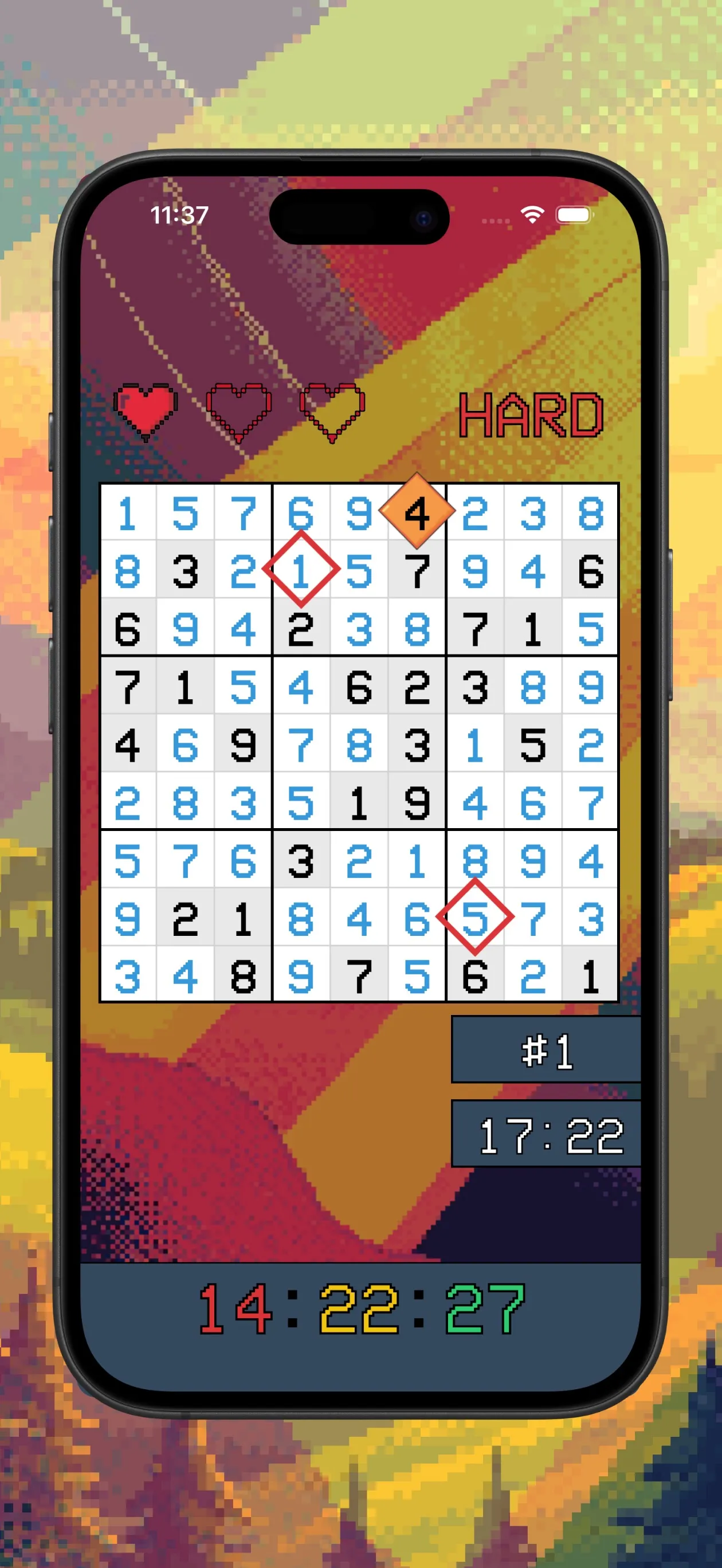 A finished Sudoking board with one heart left, a rank of #1, a time of 17:22 and a countdown to the next puzzle