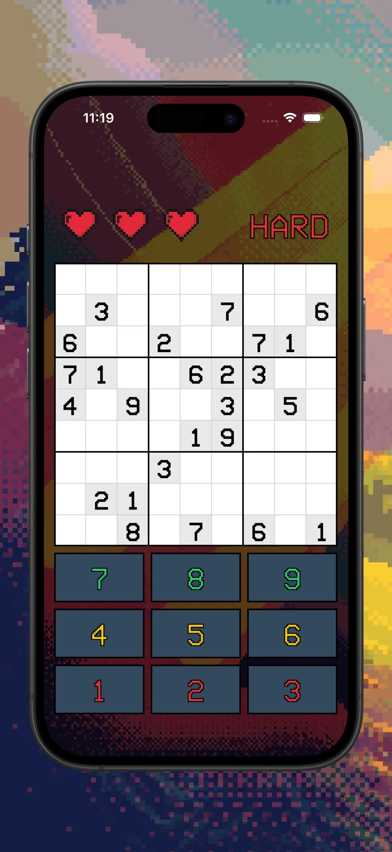 Sudoking on an iPhone: a HARD 9x9 sudoku with its given digits, three red hearts for lives and a digit keypad over a pixel-art background