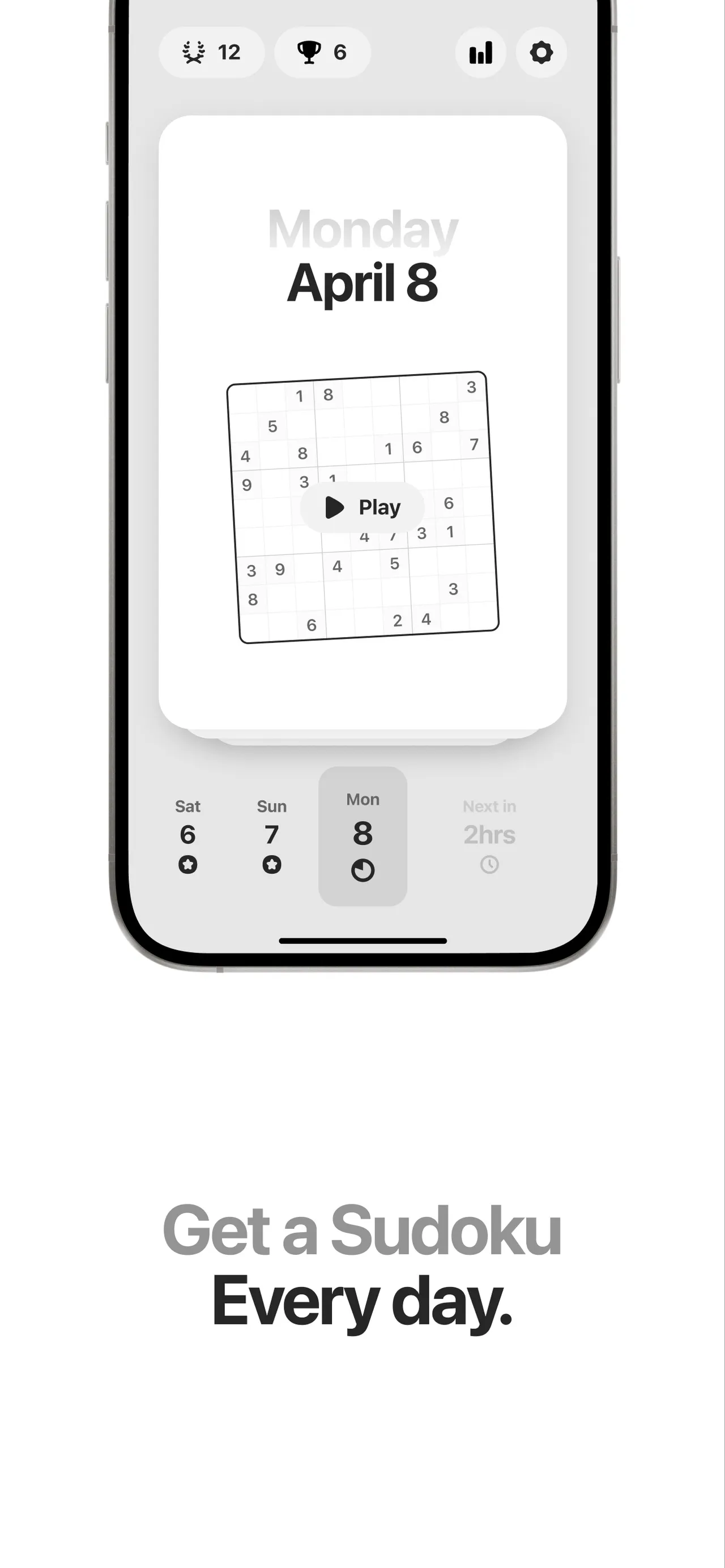 Sudoku a Day's daily calendar showing the puzzle for Monday, April 8, with a Play button