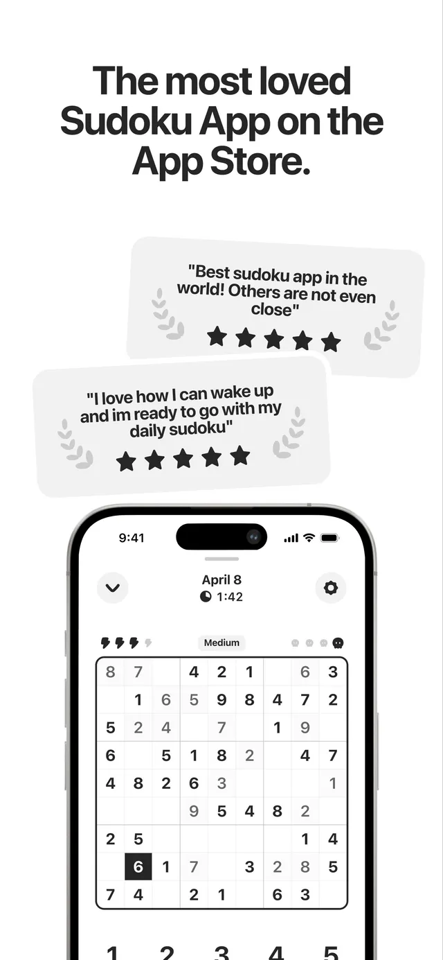 Sudoku a Day's dated puzzle for April 8 on a medium grid, beside a dark mode board and an emoji theme
