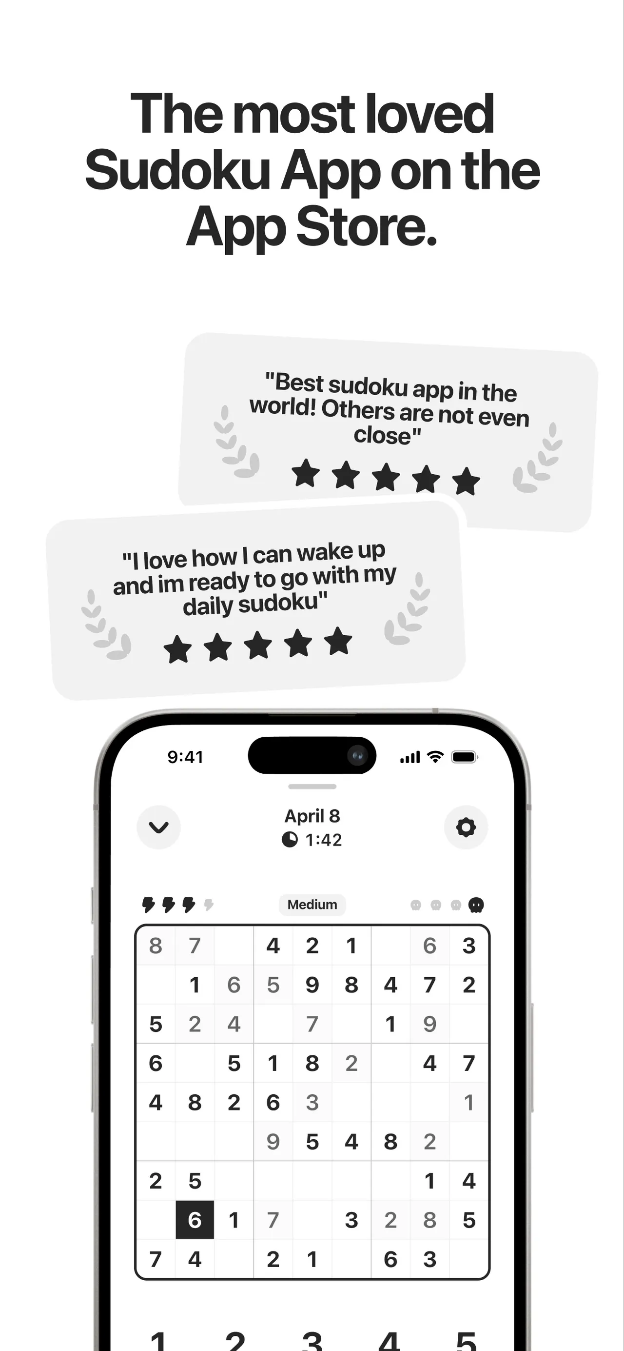 Sudoku a Day's dated puzzle for April 8 on a medium grid, beside a dark mode board and an emoji theme
