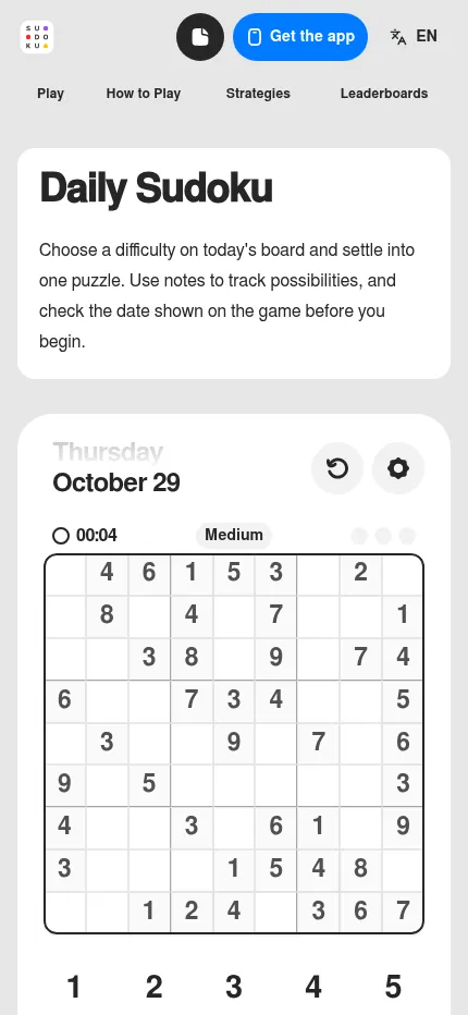 The whole Medium grid for October 29, 2026 on a phone-size screen of sudokuaday.com, with the timer and three mistake dots
