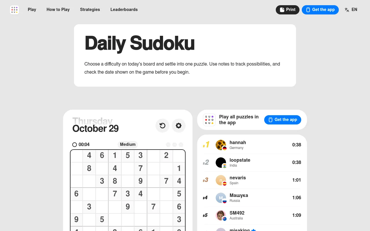 Sudoku a Day's board for Thursday, October 29, 2026 at Medium on sudokuaday.com, beside the day's leaderboard of fastest times