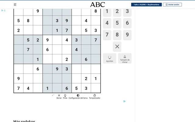 ABC's Fácil sudoku in play: a 9x9 grid with grey and white boxes and the given digits, beside a 1 to 9 number pad with Apuntes and clone buttons