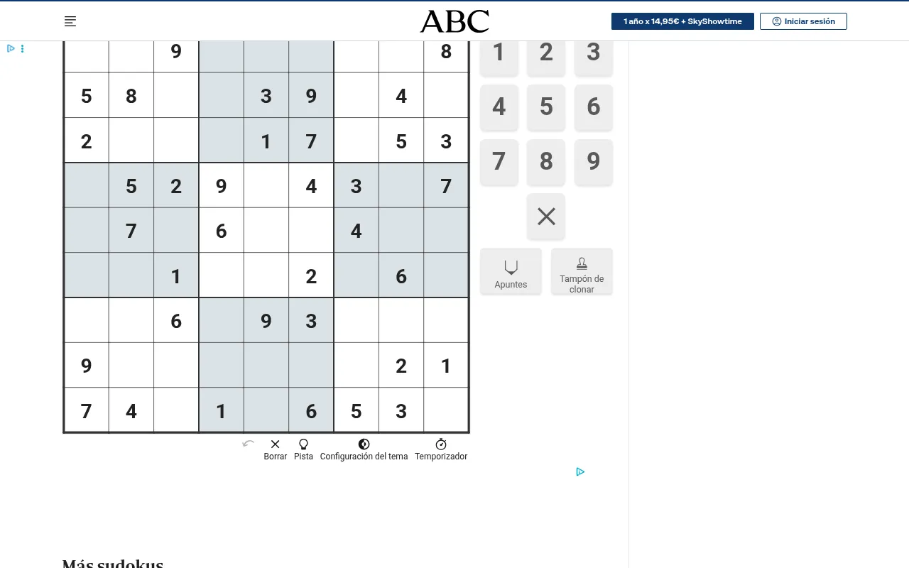 ABC's Fácil sudoku in play: a 9x9 grid with grey and white boxes and the given digits, beside a 1 to 9 number pad with Apuntes and clone buttons