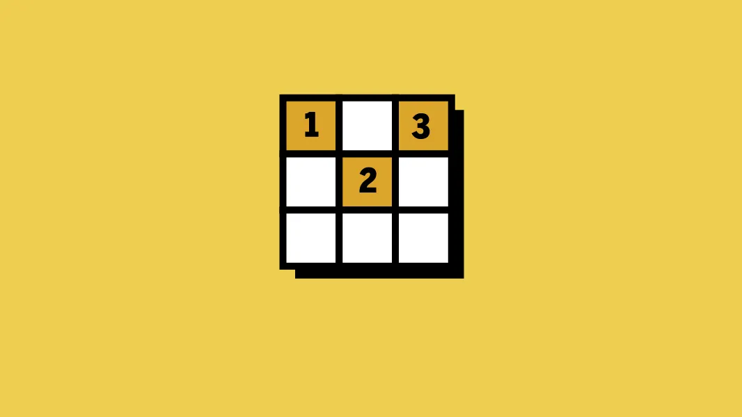 Boston Globe Sudoku art: a three by three grid with the digits 1, 2 and 3 on a yellow background