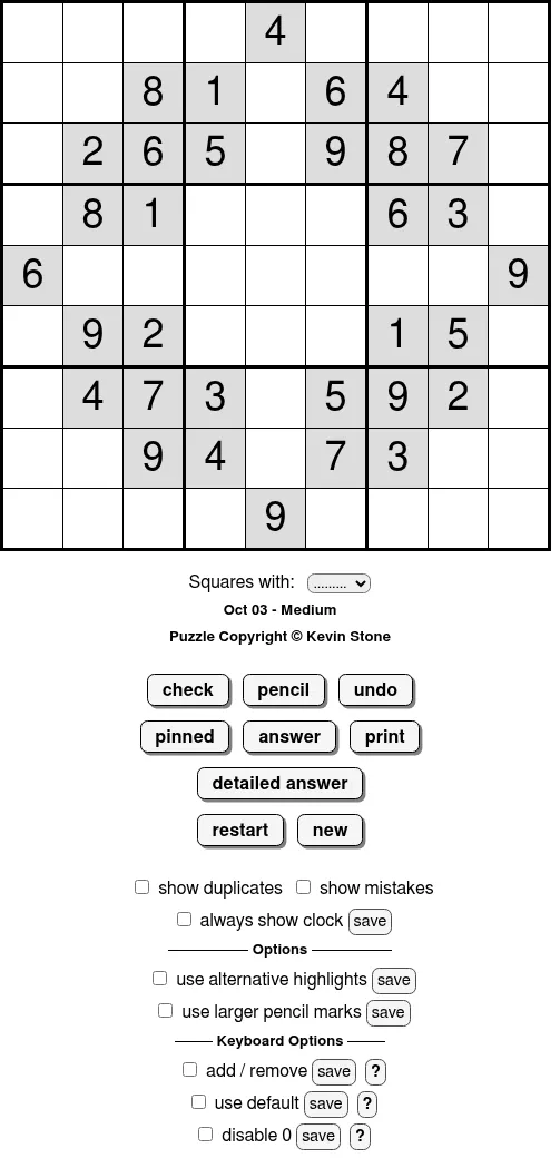 BrainBashers Daily Sudoku for 3 October, Medium level: a 9x9 grid with its given digits shaded, above the check, pencil, answer and print buttons