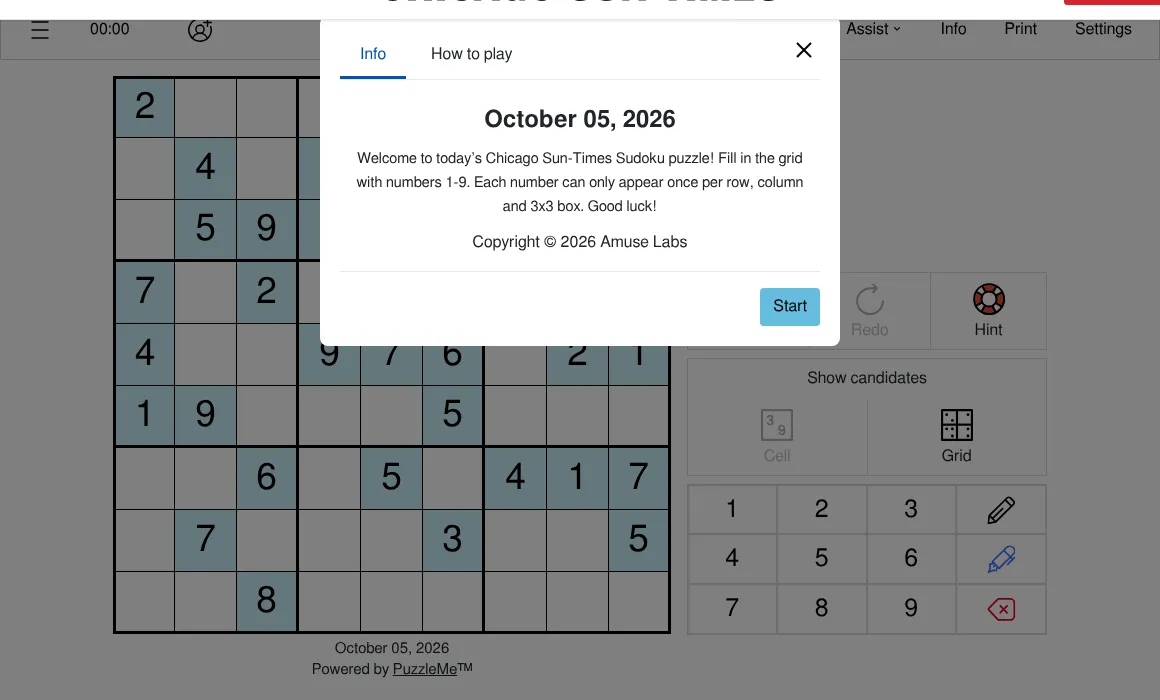 The Chicago Sun-Times Sudoku for October 05, 2026: a 9x9 grid with its given digits and a number pad, with the dated info panel and Start button over part of the board