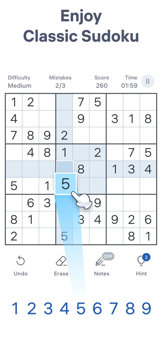 A Medium Sudoku.com board in the app with mistakes 2/3, score 260 and a 5 being placed, the Undo, Erase, Notes and Hint buttons below