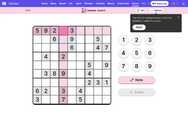 The Daily Mail Sudoku Level 3 grid for 7 October 2026: a 9x9 sudoku with its given digits, the digit buttons 1 to 9 and Note and Erase beside it