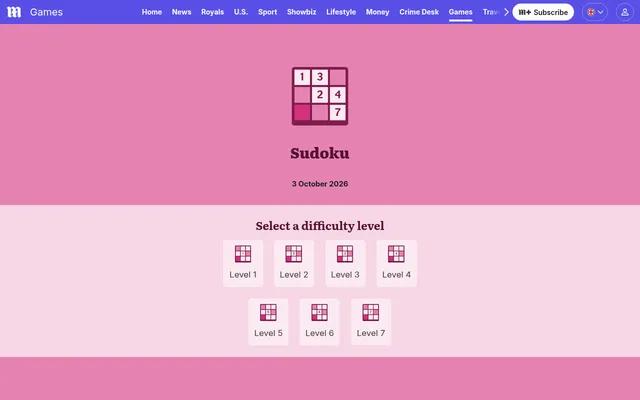 The Sudoku start screen on the Daily Mail games page: the game's own icon and name, the date 3 October 2026 and a button to start the day's puzzle