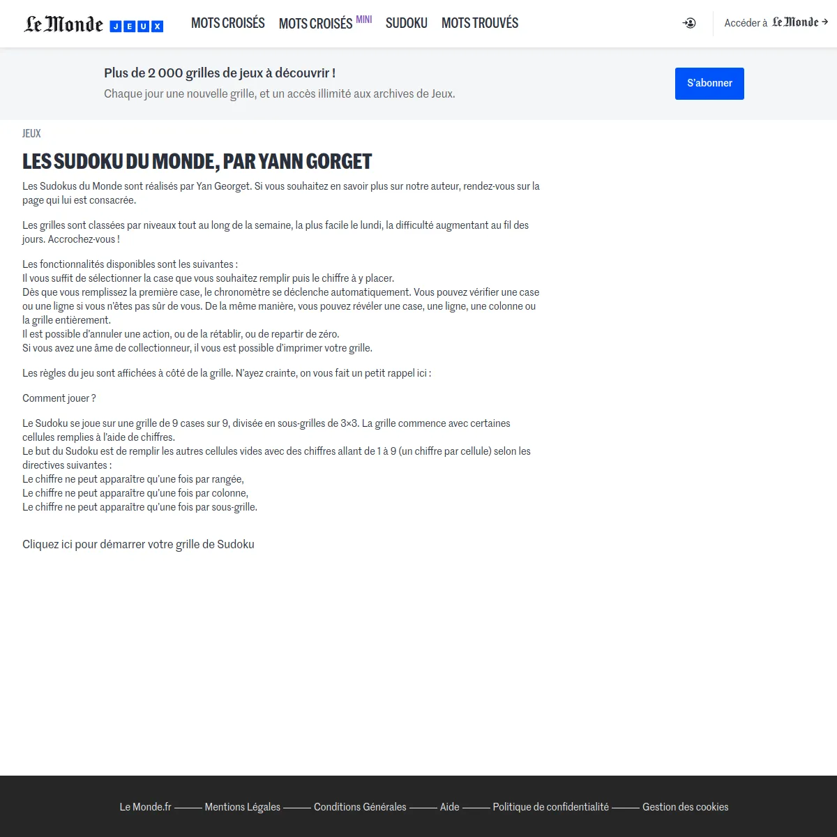 Le Monde Jeux intro page for Les Sudoku du Monde par Yan Georget, with the games nav (Mots croisés, Mots croisés mini, Sudoku, Mots trouvés), a subscribe banner about a new grid each day and unlimited