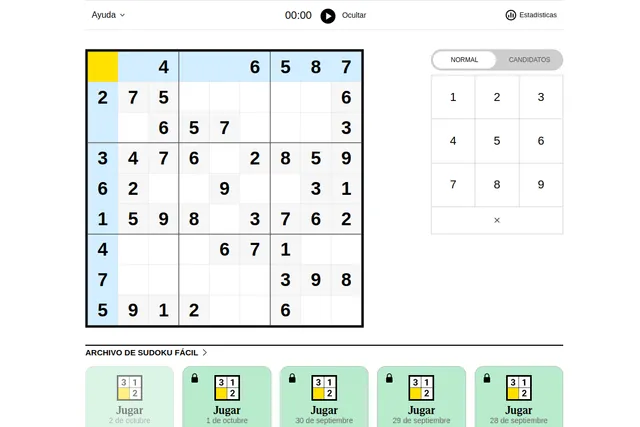 El Mundo's easy sudoku: a 9x9 grid with its given digits, a number pad with Normal and Candidatos modes, and the archive of past days