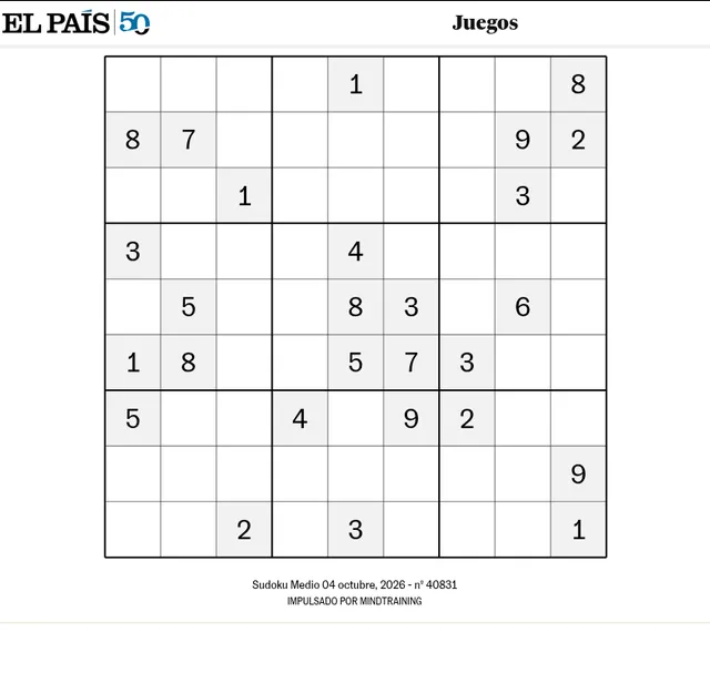 El País Sudoku Medio board for 4 October 2026, puzzle number 40831, a 9x9 grid with its given numbers shaded grey