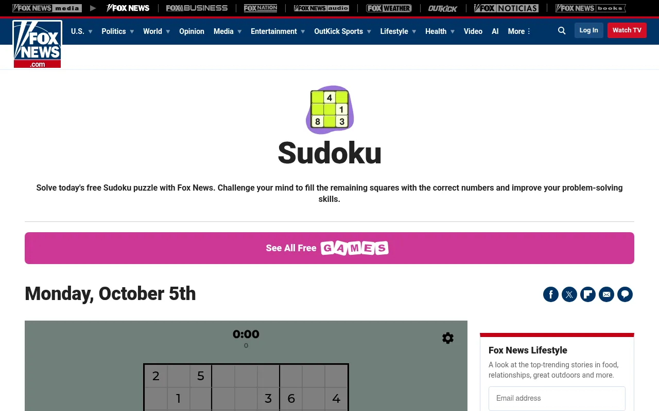 The Fox News Sudoku page for Monday, October 5th, with the top rows of the day's grid and its timer below the game title