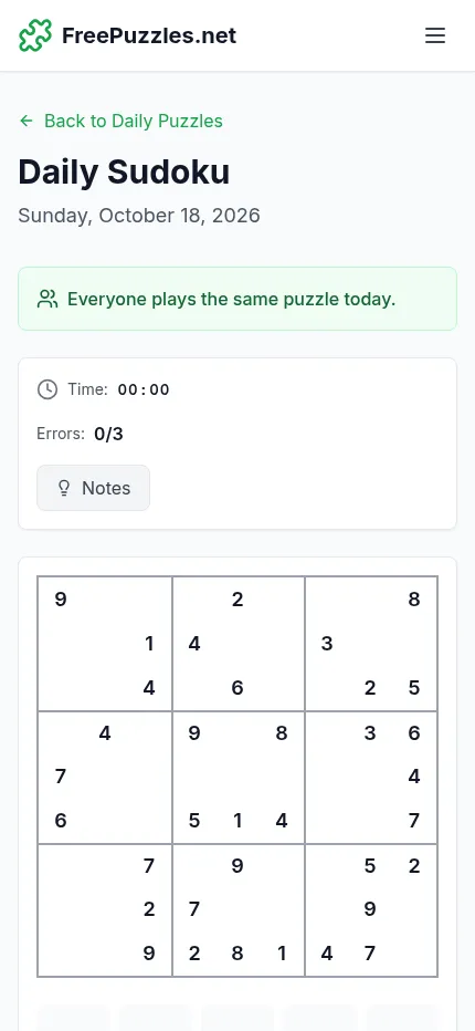 Daily Sudoku on a phone: the October 18, 2026 grid fills the screen width under the timer, error count and Notes button