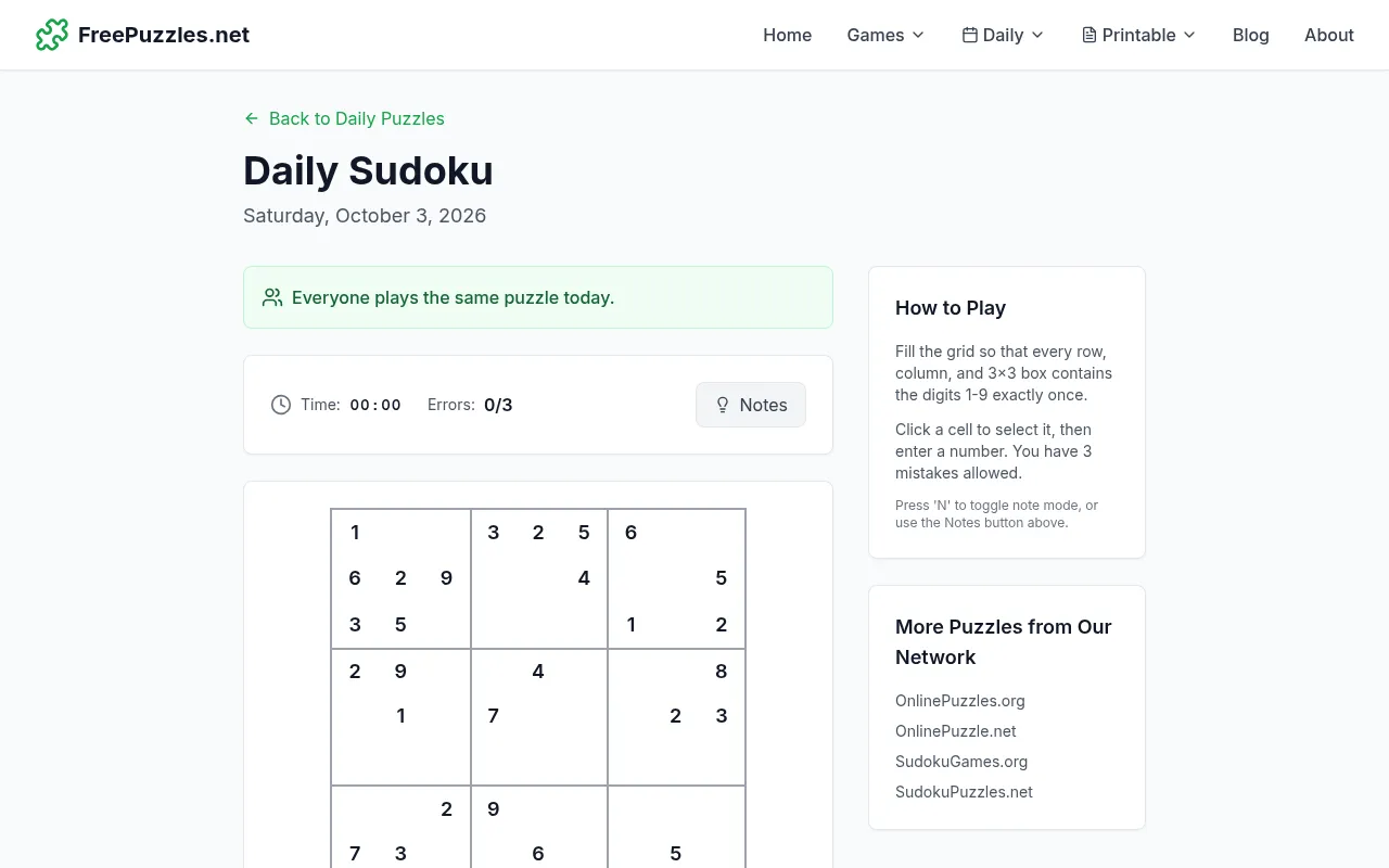 FreePuzzles.net Daily Sudoku for Saturday, October 3, 2026: a 9x9 grid with its starting digits, a timer at 00:00, errors 0 of 3 and a Notes button