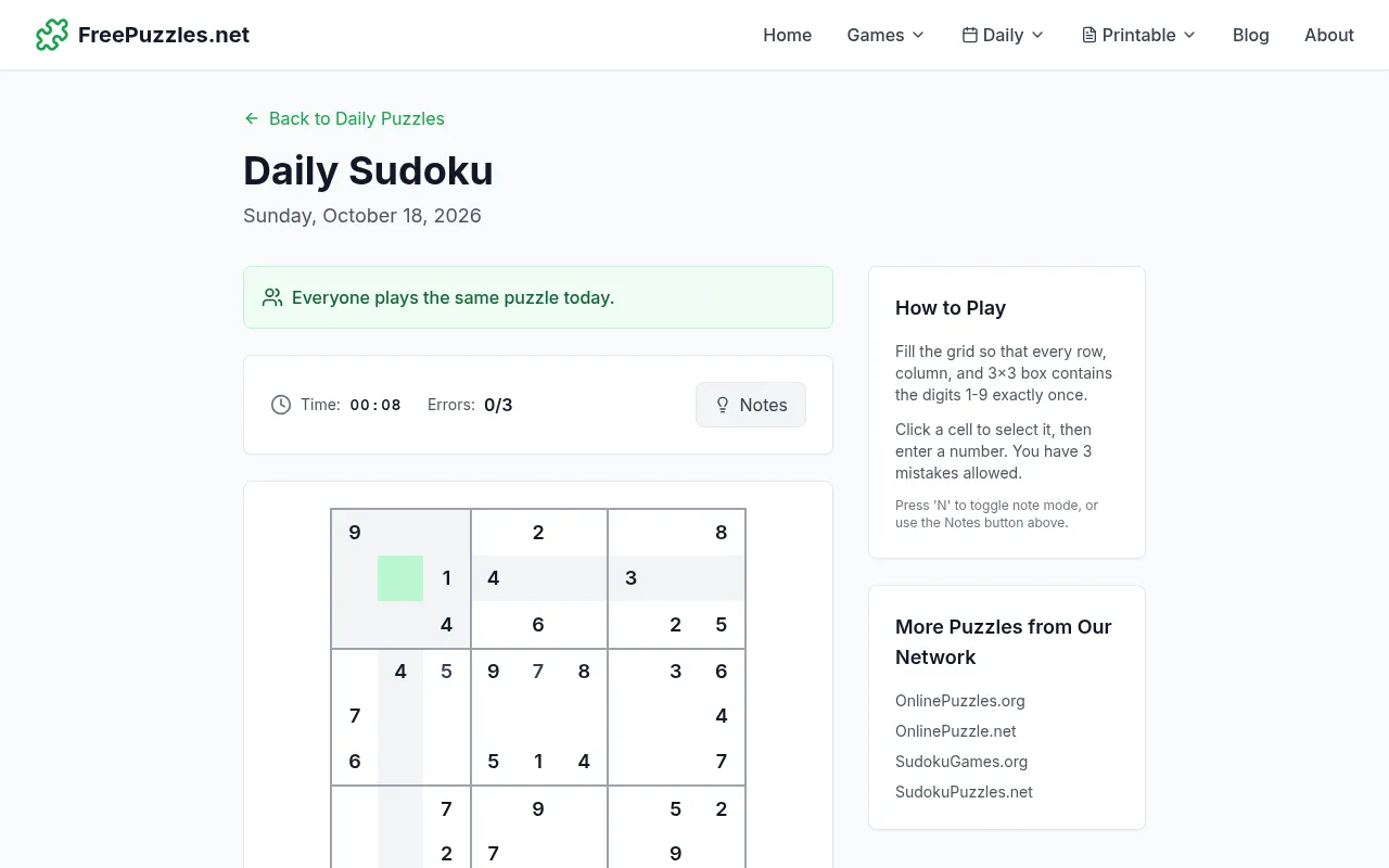 Daily Sudoku for October 18, 2026, in play at desktop size: a 7 and a 5 entered in row four, a cell selected, timer at 00:08, errors 0 of 3, rules in a panel beside the grid