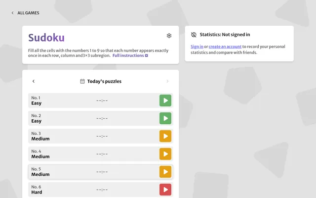 Gridgames Sudoku page with Today's puzzles: numbered daily sudokus No. 1 and 2 Easy, No. 3 to 5 Medium and No. 6 Hard, each with a play button and a timer slot, beside the rules and a statistics panel