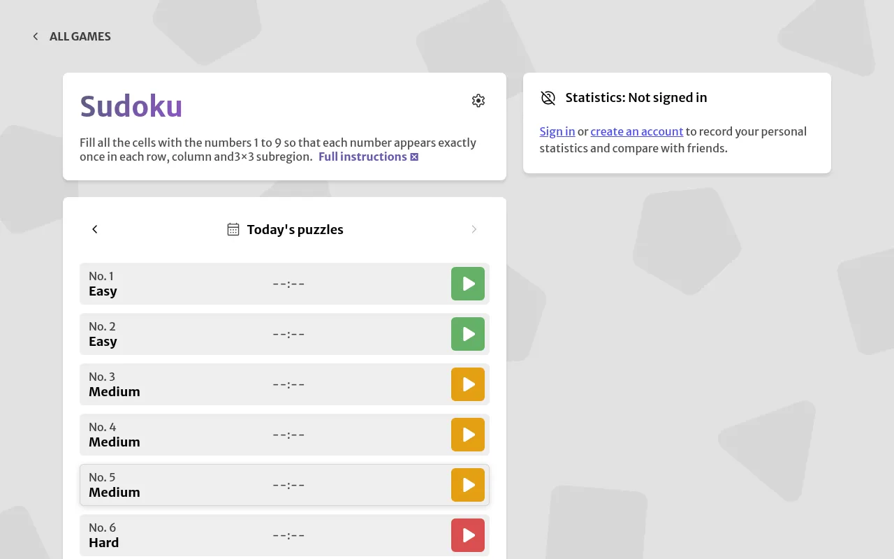 Gridgames Sudoku page with Today's puzzles: numbered daily sudokus No. 1 and 2 Easy, No. 3 to 5 Medium and No. 6 Hard, each with a play button and a timer slot, beside the rules and a statistics panel