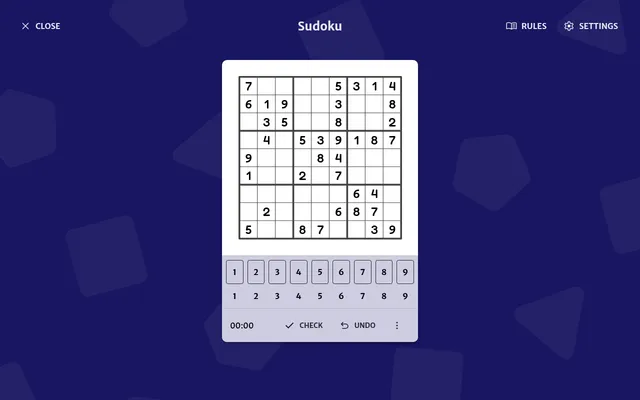 Today's Gridgames Sudoku No. 1 Easy on 20 October 2026: a 9x9 grid with its given digits, a 1 to 9 number pad, a timer and Check and Undo buttons