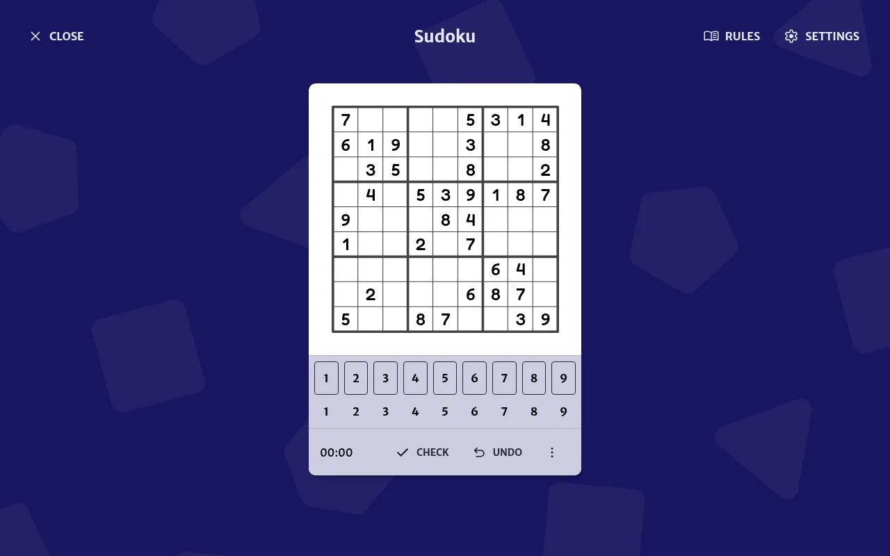 Today's Gridgames Sudoku No. 1 Easy on 20 October 2026: a 9x9 grid with its given digits, a 1 to 9 number pad, a timer and Check and Undo buttons