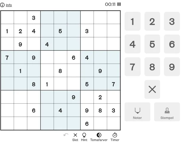 Information's easy sudoku (Nem) of the day in play: a 9x9 grid with its given digits and shaded boxes, a running timer, a number pad 1 to 9, and Noter and Stempel buttons with Slet, Hint, Temafarver a
