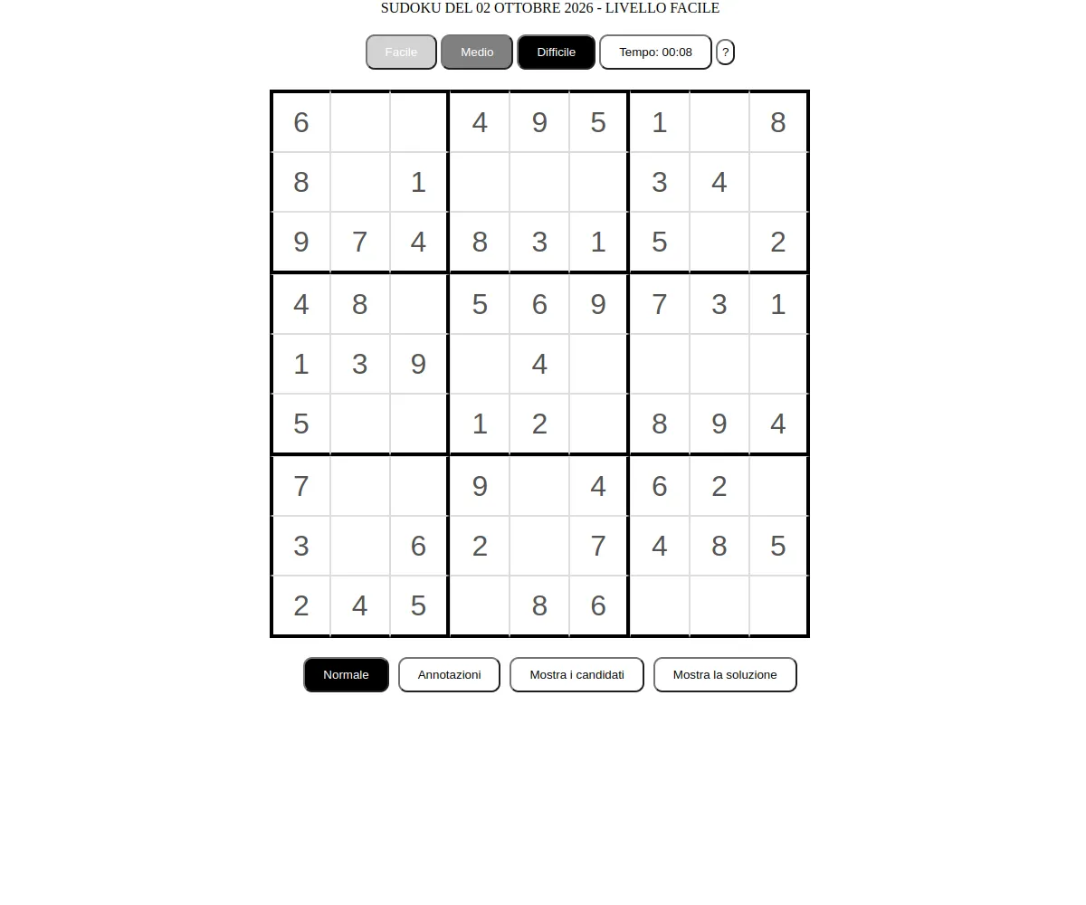 La Stampa's sudoku player for 2 October 2026 at the easy level, with level buttons, a timer and note and candidate buttons