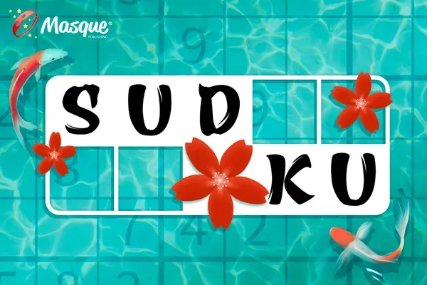 The Sudoku title set in grid boxes with red blossoms, over a faint sudoku grid on water with koi fish