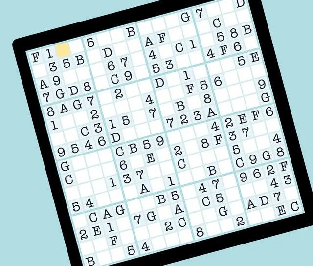 Sudoku Mega press art: a 16x16 sudoku grid filled partly with digits and letters A to G