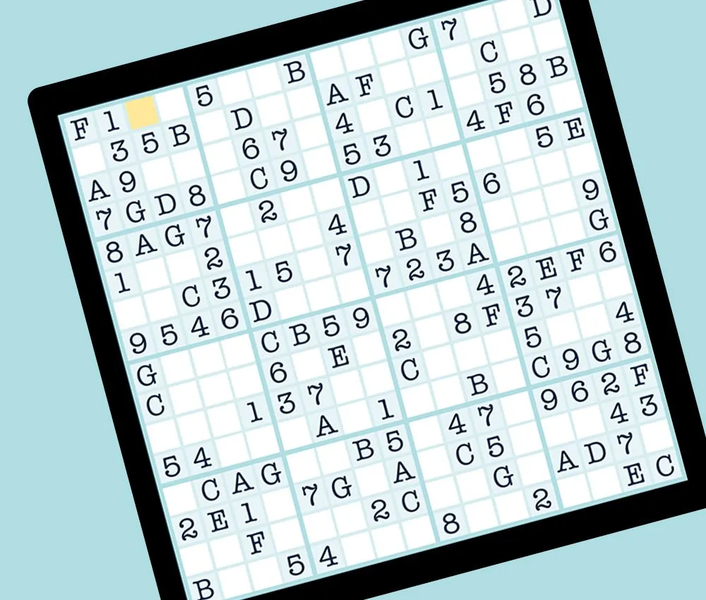 Sudoku Mega press art: a 16x16 sudoku grid filled partly with digits and letters A to G