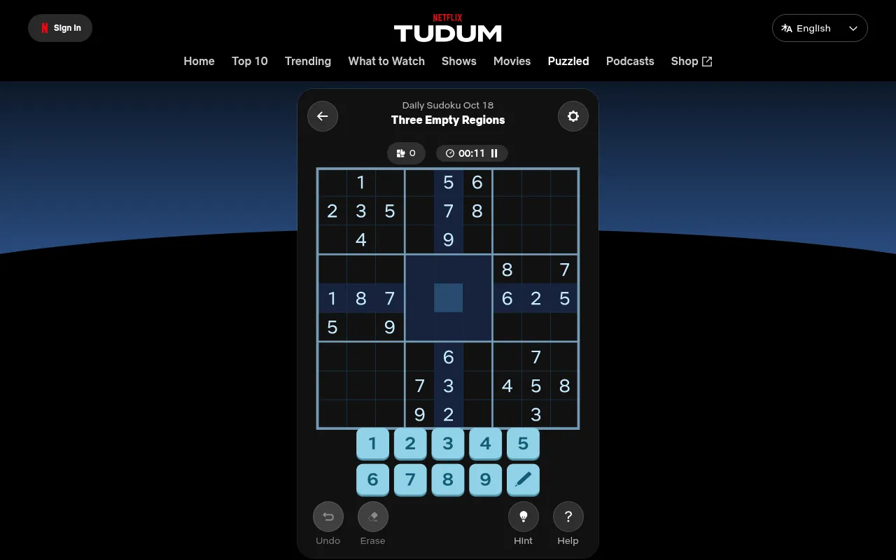 Netflix Puzzled's Daily Sudoku for Oct 18, Three Empty Regions, a 9x9 grid in play with the number pad, Hint and Help buttons
