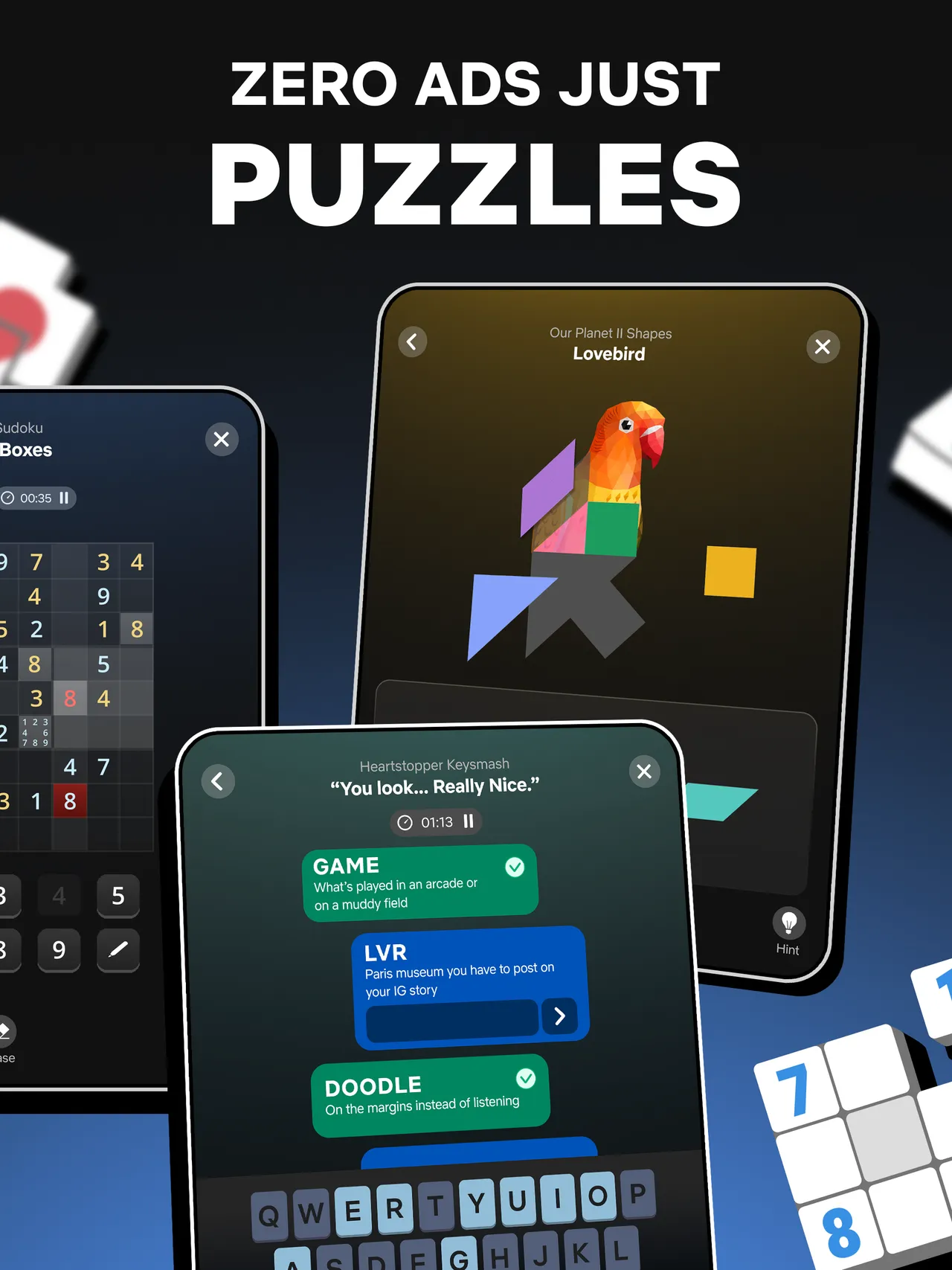 Netflix Puzzled screens including a sudoku grid, under Zero ads, just puzzles