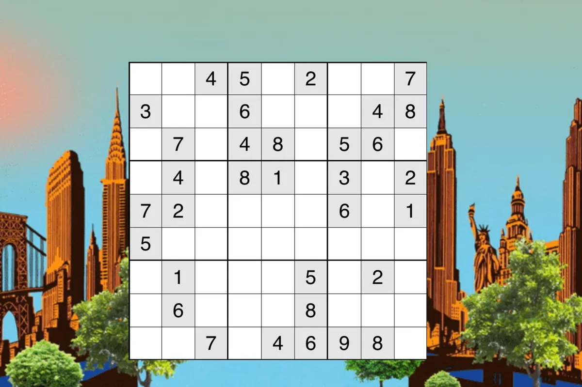 A partly filled 9x9 sudoku grid in front of an illustrated New York skyline